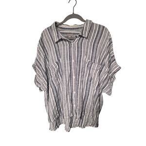 Women's 3X Linen Blend Button Down Shirt Plus White Grey Striped LagenLook Norm